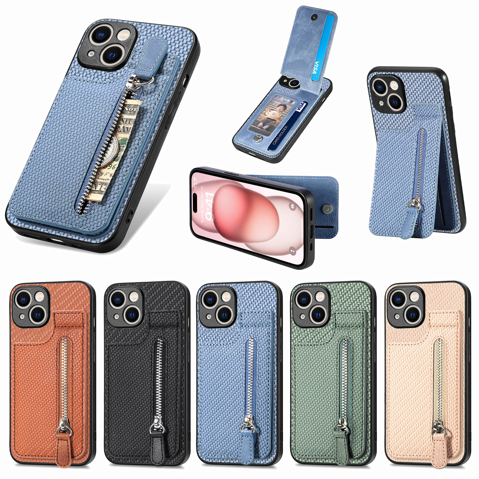 iPhone 16e Wallet Case With Stand Function Black Blue Green Beige Brown