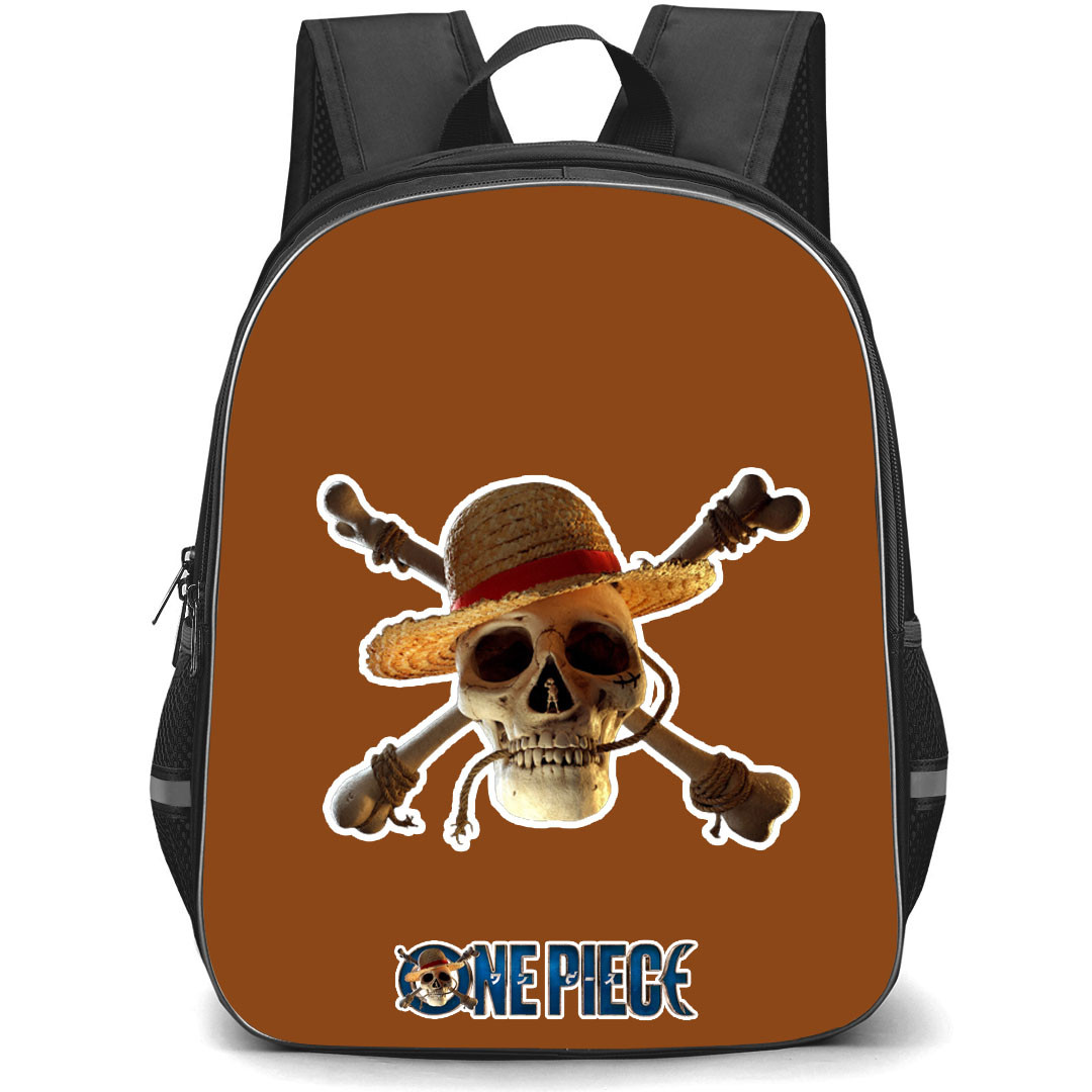 One Piece Netflix Backpack StudentPack - The Straw Hat Pirates Logo Sticker On Brown Background