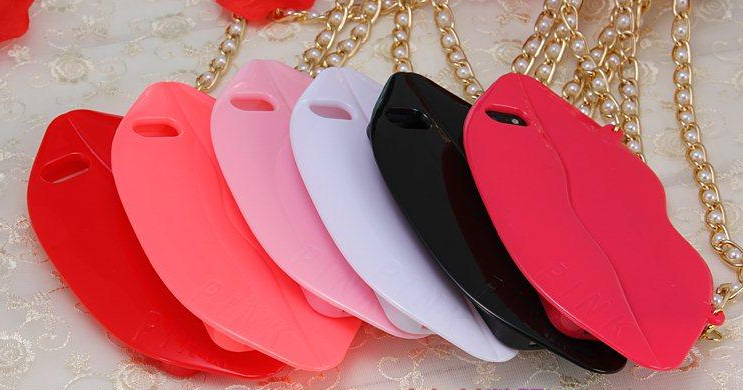 PINK Lips Clutch Purse Necklace Case for iPhone 5 5s