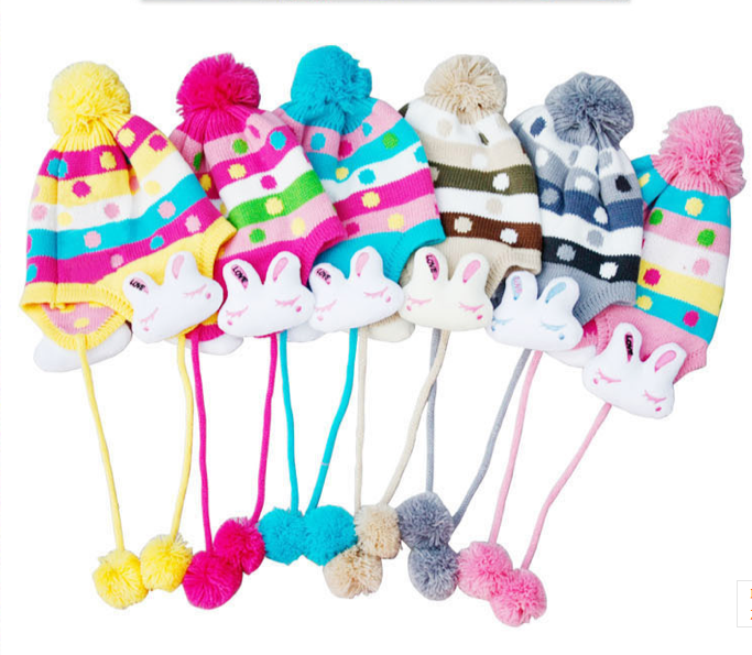 Super Cute Colorful Polka Dot Knitted Hat Scarf Set with Rabbit Ear Muff