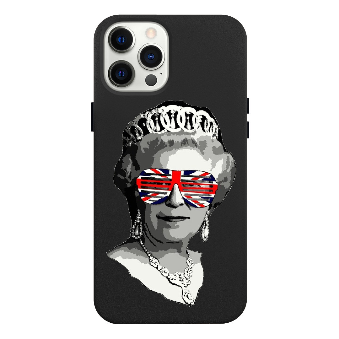 iPhone 13 Black Leather Case Queen Elizabeth II With Glasses