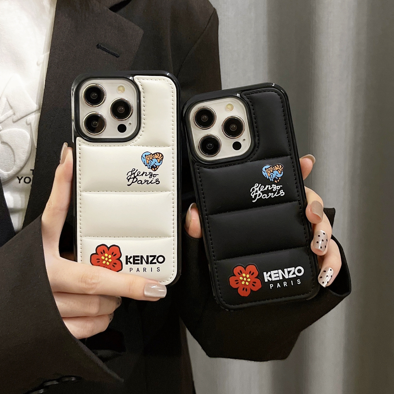 Kenzo Paris 3D Soft Puffy Jacket Streetwear Design Phone Puffer Case For iPhone SE 6 7 8 X 11 12 13 14 15 16 Black White