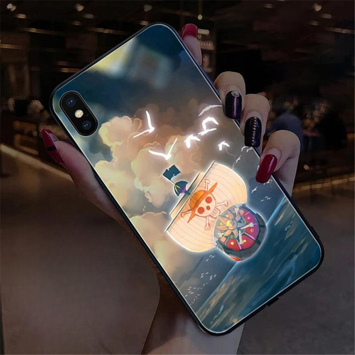 Anime One Piece Thousand Sunny Ship LED Phone Case Cover For iPhone 14 13 12 11 X 8 7 6 SE Pro Max Plus