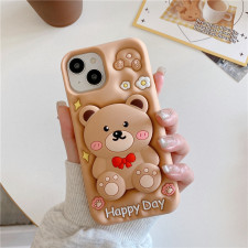 Bear Cute 3D Silicone Phone Case Cover With Stand Function For iPhone 11 12 13 14 15 Brown