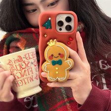 Gingerbread Man 3D Soft Silicone Phone Case Cover With Stand Function For iPhone 16 15 14 13 12 11 Plus Pro Max 